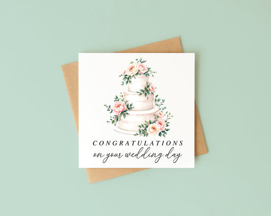 Wedding Card, congratulations pink white floral cake card with Kraft Envelope