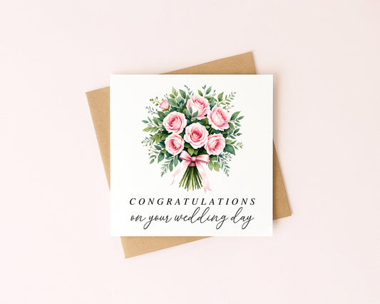 Wedding Card, congratulations bouquet pink Roses with Kraft Envelope