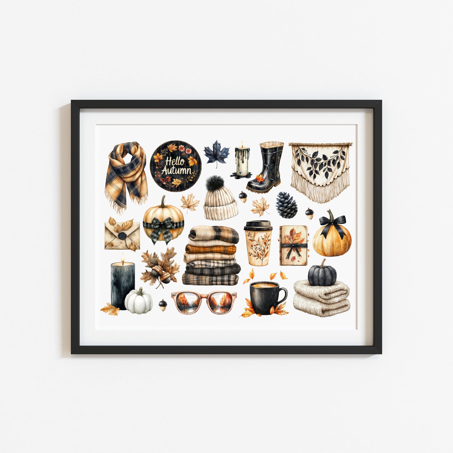 Autumn Favourites Black & Orange mood board art print Watercolour Seasonal Wall Art (unframed)