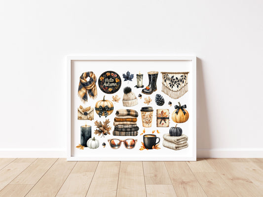 Autumn Favourites Black & Orange mood board art print Watercolour Seasonal Wall Art (unframed)