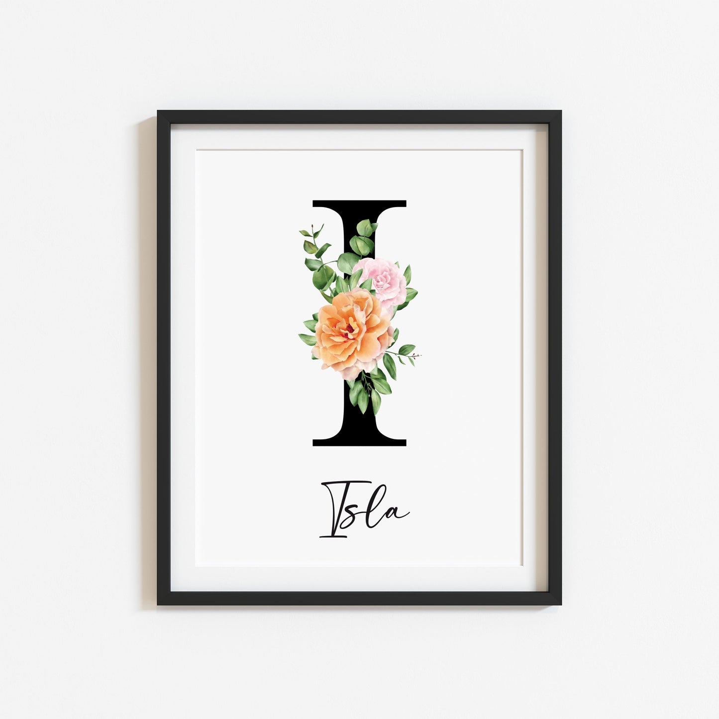 Personalised initial name print, black orange and pink watercolour floral initial illustration nursery unframed print