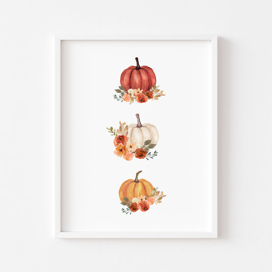 Autumn print, trio of red, orange & cream floral watercolour pumpkins illustration unframed wall art poster print
