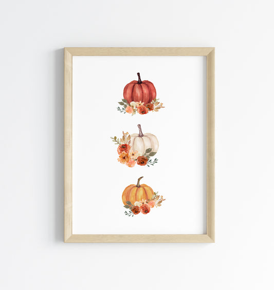 Autumn print, trio of red, orange & cream floral watercolour pumpkins illustration unframed wall art poster print