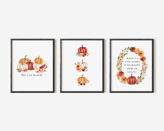 Set of 3 Autumn prints, red orange & cream watercolour pumpkin seasonal unframed wall art poster prints