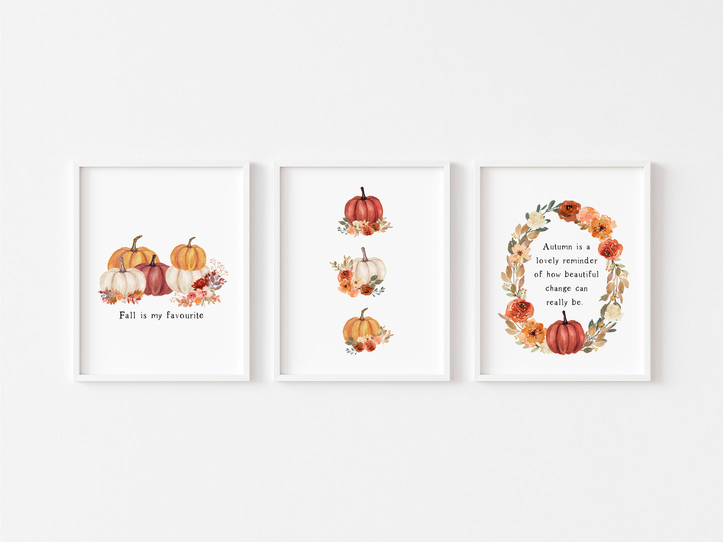 Set of 3 Autumn prints, red orange & cream watercolour pumpkin seasonal unframed wall art poster prints