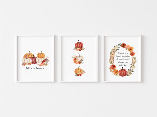 Set of 3 Autumn prints, red orange & cream watercolour pumpkin seasonal unframed wall art poster prints