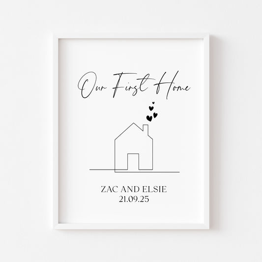 Personalised First / New Home Print New House line hearts Gift, Wall Art (unframed)