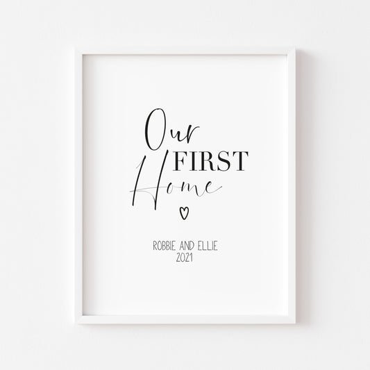 Our first home, house print, personalised with names and or dates couples wall art new home gift unframed poster print