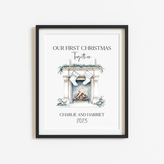Our first Christmas together, first Christmas, new home fireplace personalised family & couples unframed wall art poster print