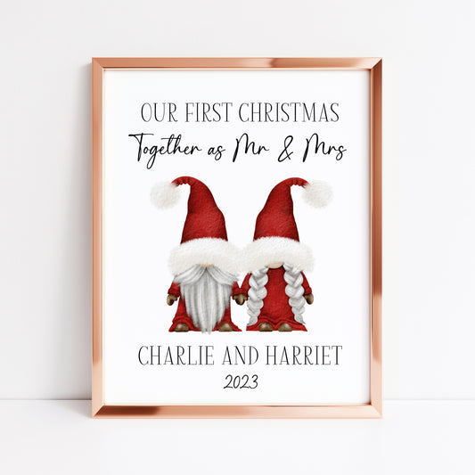 Personalised Our first Christmas together as mr & mrs red xmas gnome gonks unframed wall art poster print