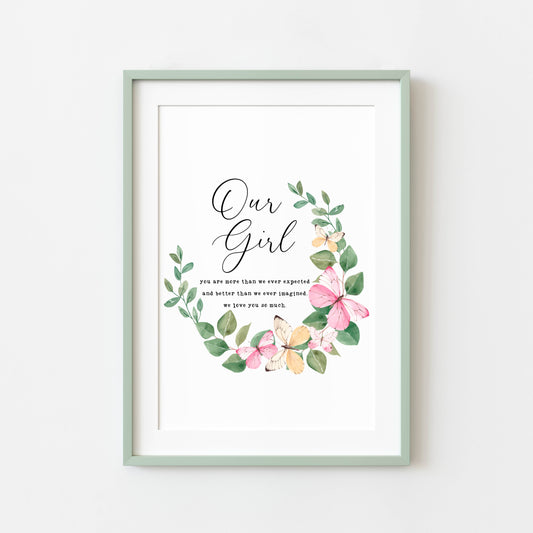 Our girl pink and green butterfly wreath, more than we expected quote unframed wall art poster print nursery decor, girls nursery prints
