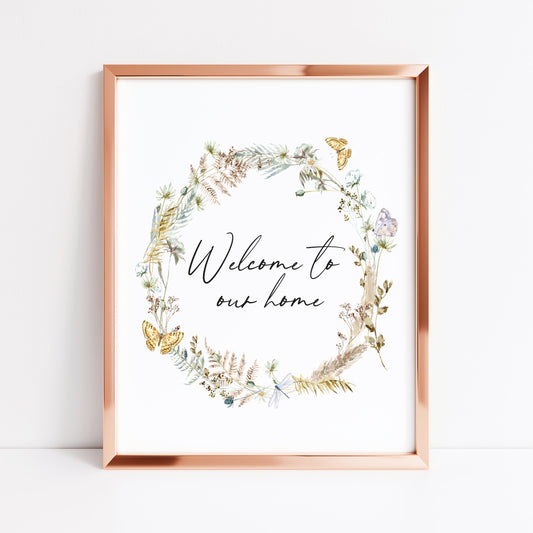 Welcome to our home boho butterfly floral wreath home unframed wall art poster print