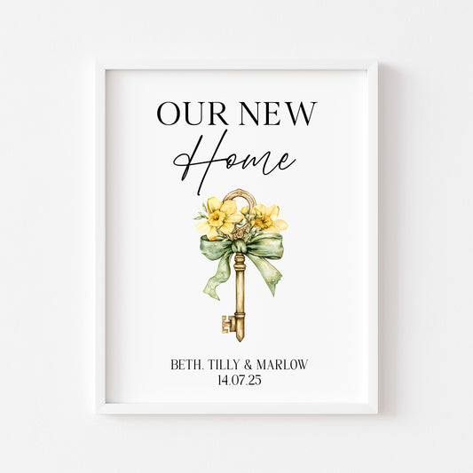 Personalised First / New Home Print Floral key New House Gift, Wall Art (unframed)