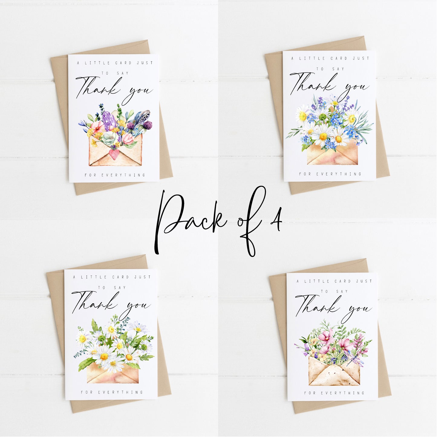 Pack of 4 Thank you cards, a little card to say thank you floral envelope daisy lavender feather watercolour pack of cards with kraft brown or white envelopes