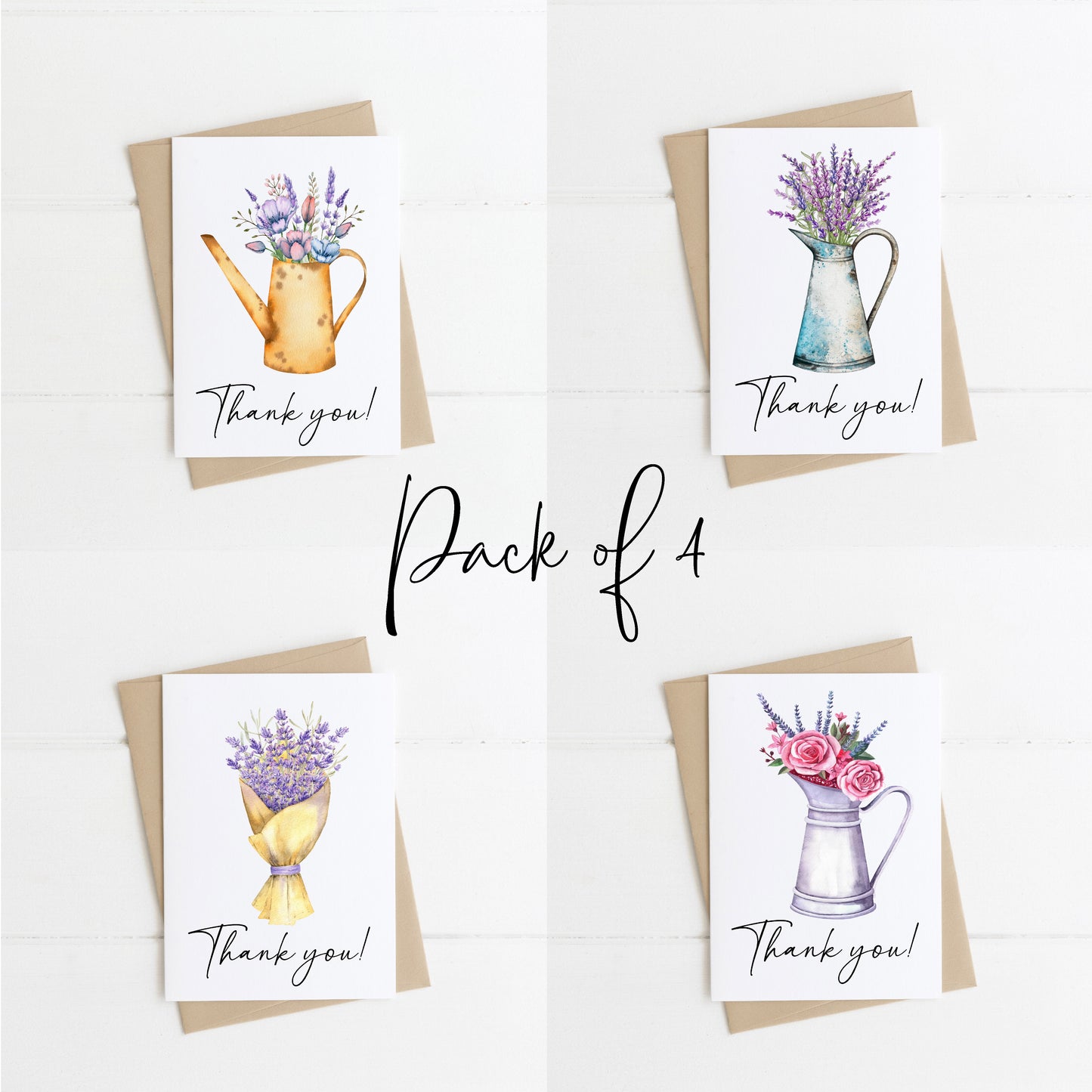 Pack of 4 Thank you cards to say thanks floral daisy lavender watercolour jug bouquet pack of cards with envelopes,kraft brown or white