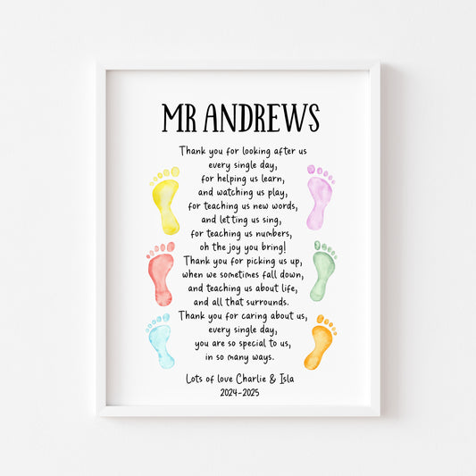 Personalised Thank you Nursery teacher poem unframed print, personalised unique end of term thank you gift for nurseries teachers footprints
