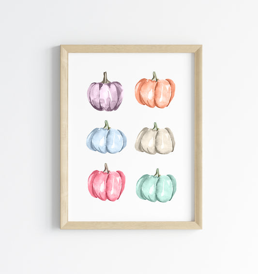 Pastel pumpkins, set of 6 pastel pumpkins watercolour seasonal unframed wall art poster print