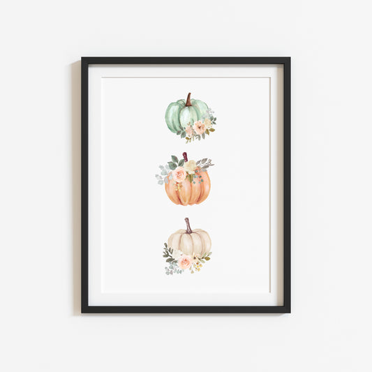 Autumn floral pumpkin trio set illustration fall seasonal pumpkins unframed wall art poster print