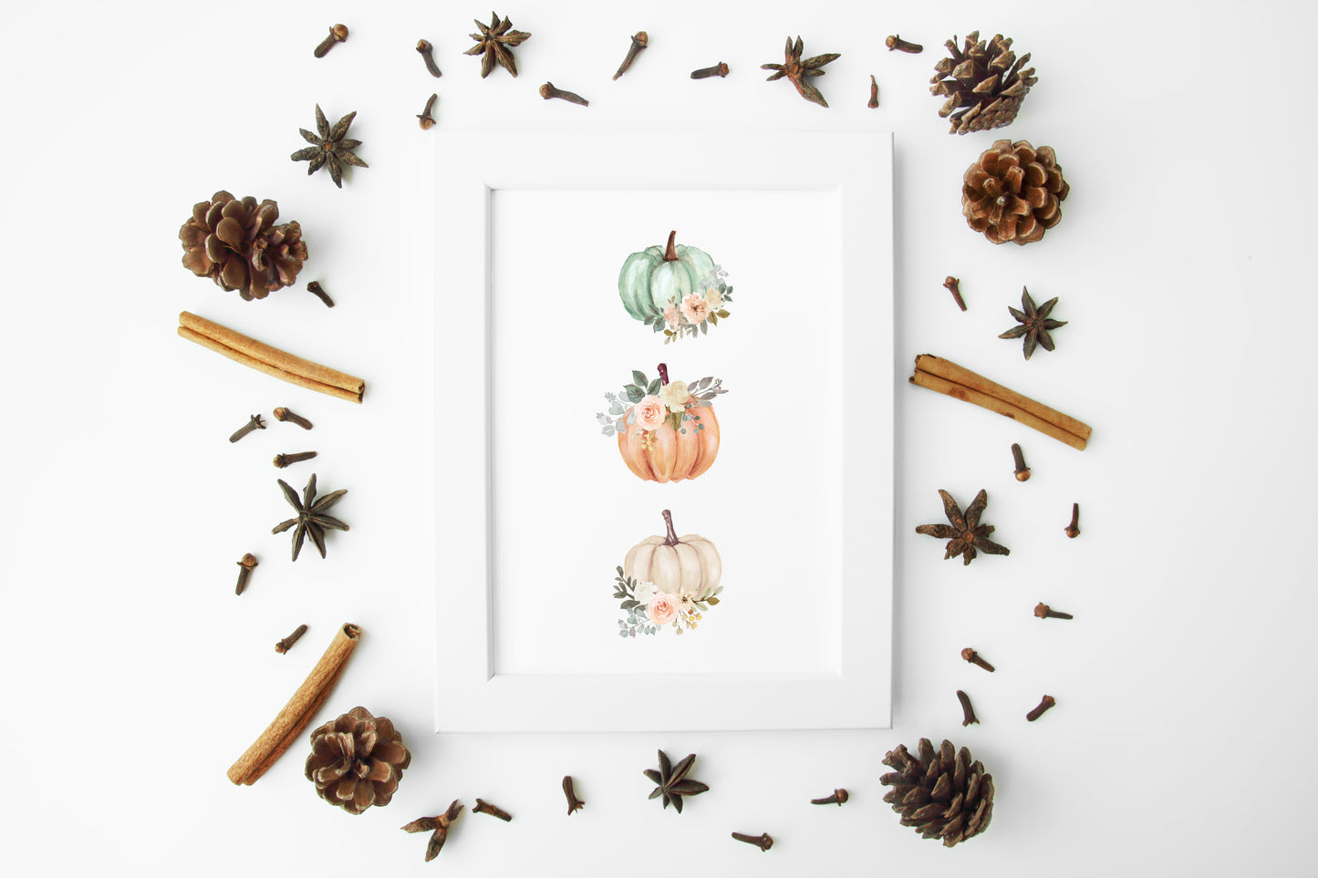 Autumn floral pumpkin trio set illustration fall seasonal pumpkins unframed wall art poster print