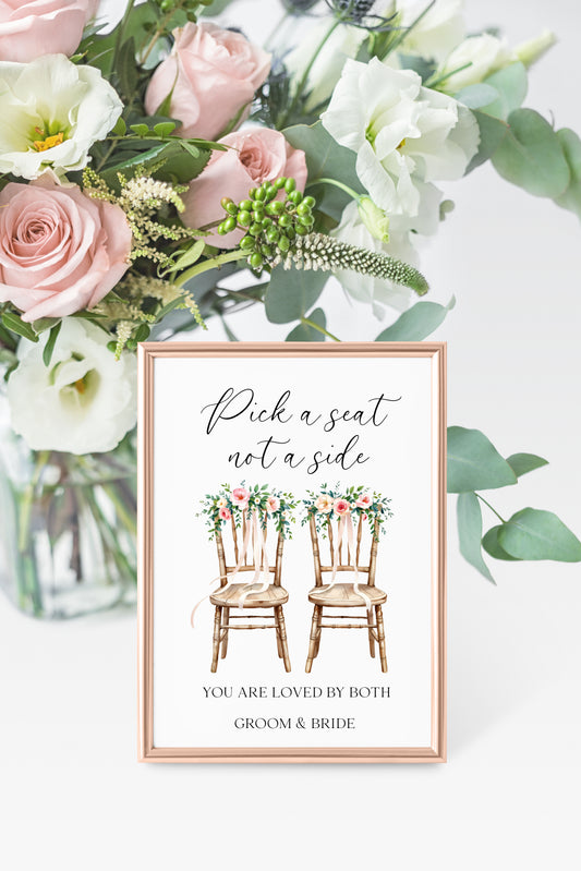 Pick a seat not a side wedding sign White Roses & chairs Botanical unframed print