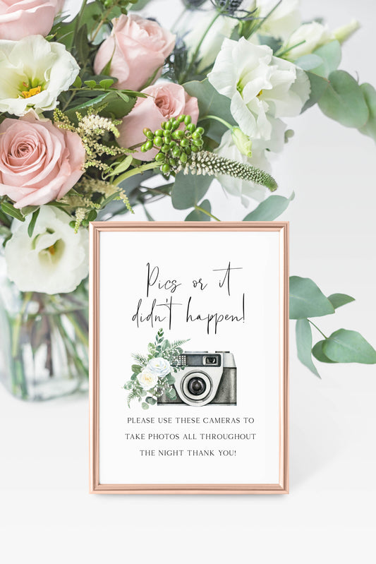 Pics or it didn't happen wedding sign watercolour white rose & eucalyptus photography camera unframed wall art poster print
