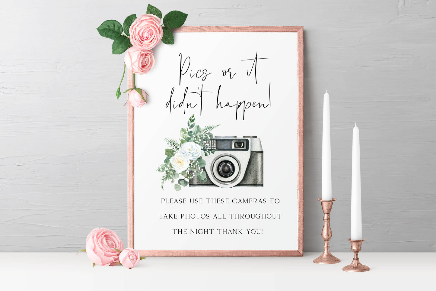 Pics or it didn't happen wedding sign watercolour white rose & eucalyptus photography camera unframed wall art poster print