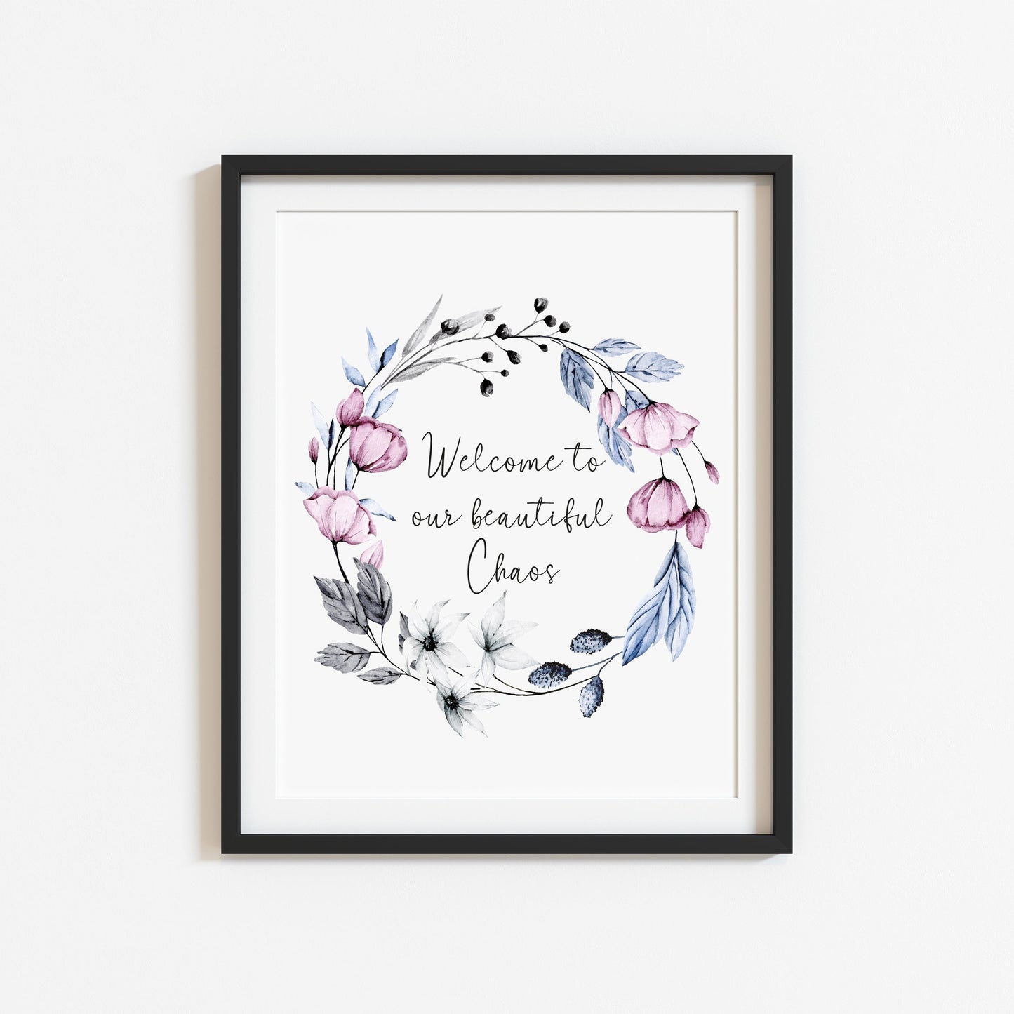 Welcome to our beautiful chaos purple blue floral wreath home hallway unframed wall art poster print