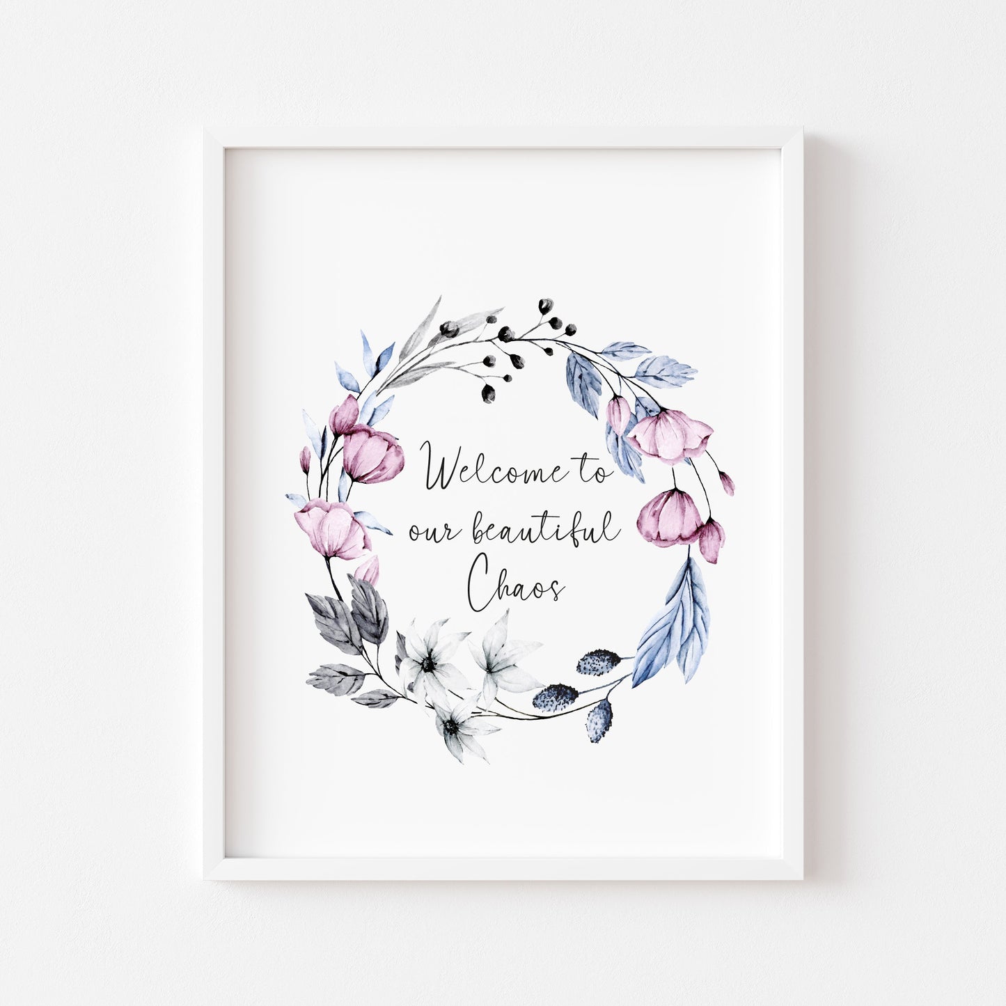 Welcome to our beautiful chaos purple blue floral wreath home hallway unframed wall art poster print