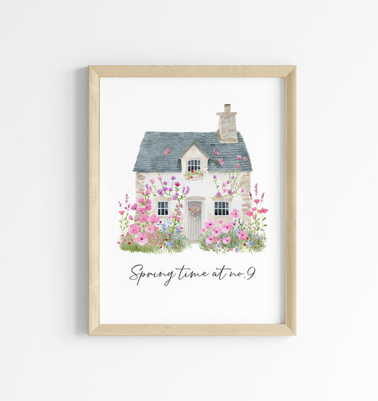 Spring time at number no. your house number spring home cottage watercolour unframed wall art poster print