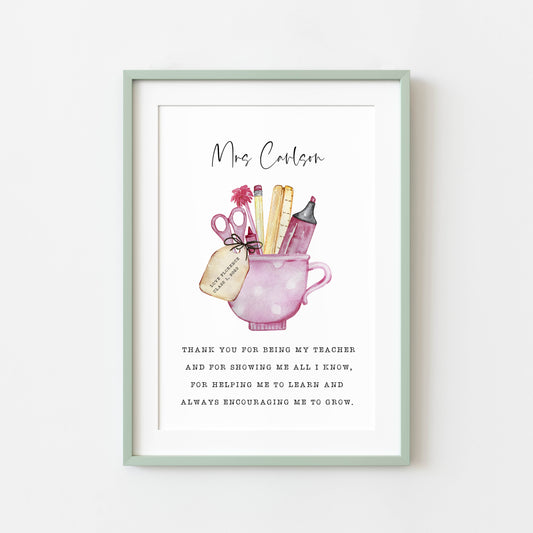 Personalised Thank you teacher gift, pink heart watercolour illustration unframed wall art poster print