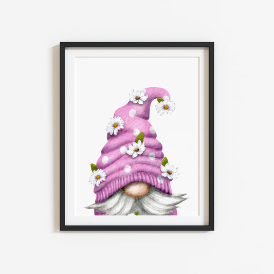 Spring gonk gnome pink daisy style watercolour illustration home bedroom gardening unframed wall art poster print