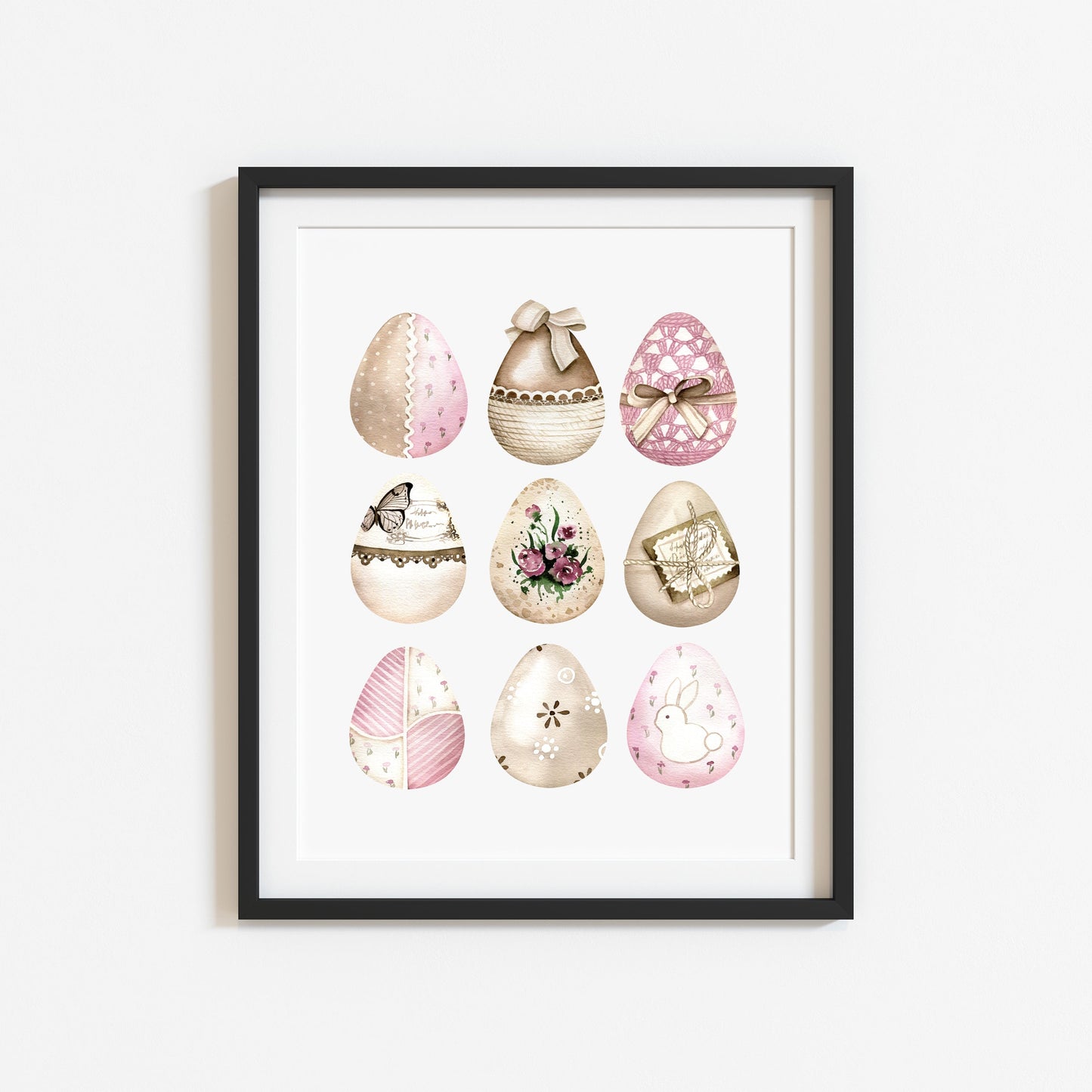 Easter print, Easter eggs collection floral pink & brown kraft unframed wall art poster print