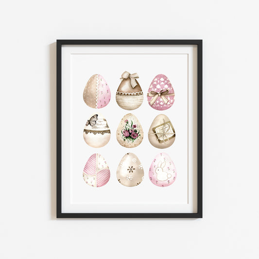 Easter print, Easter eggs collection floral pink & brown kraft unframed wall art poster print
