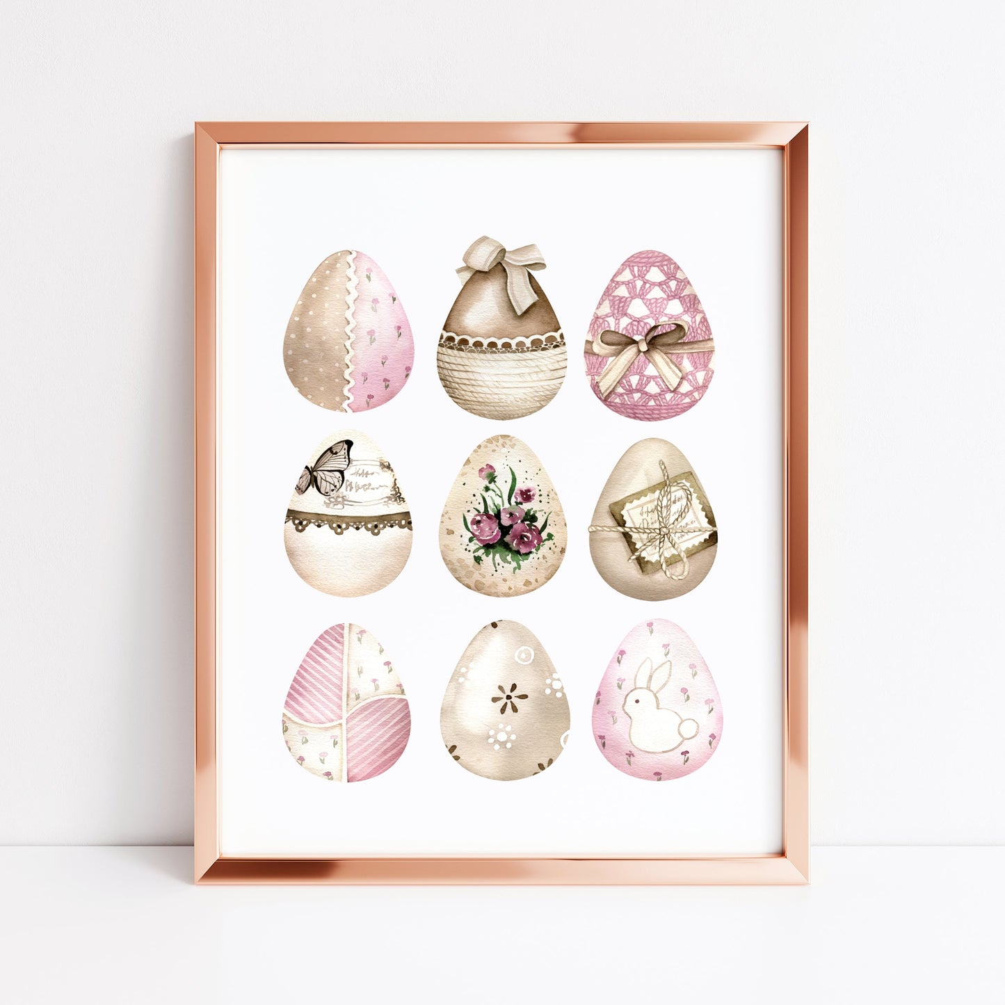 Easter print, Easter eggs collection floral pink & brown kraft unframed wall art poster print