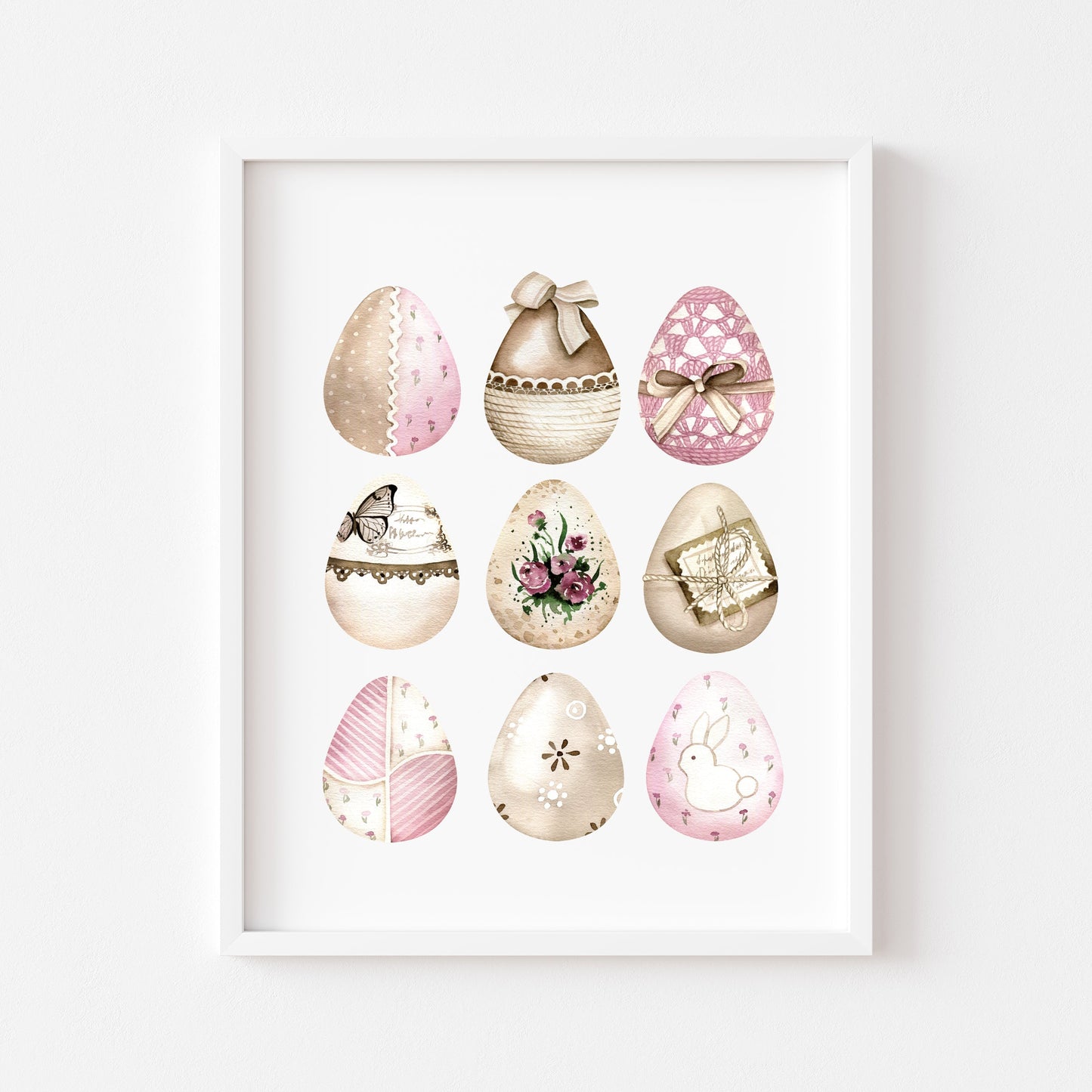 Easter print, Easter eggs collection floral pink & brown kraft unframed wall art poster print