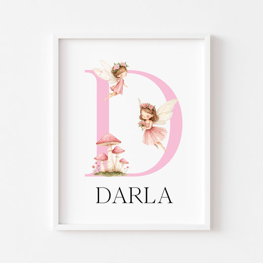 Pink Fairies Initial Print Personalised Nursery wall art Decor (Unframed)
