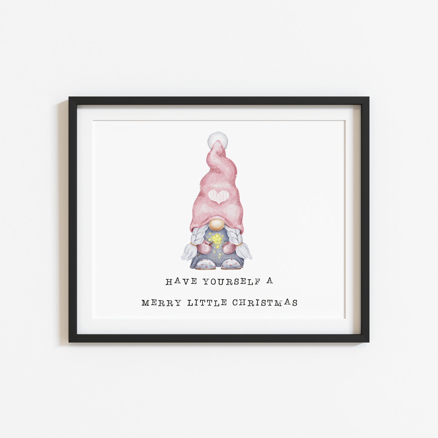 Have yourself a merry little Christmas watercolour gnome, gonk pink seasonal landscape unframed wall art poster print