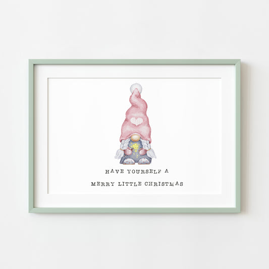 Have yourself a merry little Christmas watercolour gnome, gonk pink seasonal landscape unframed wall art poster print