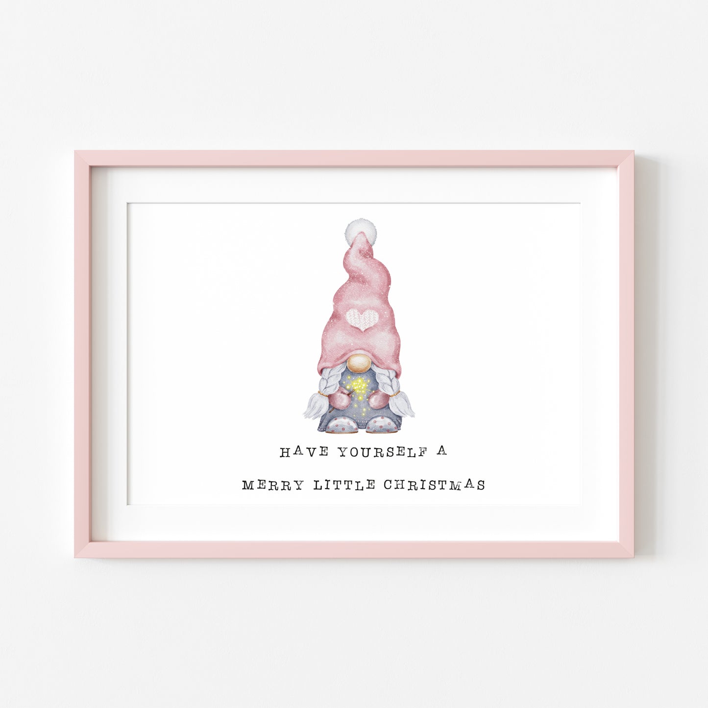Have yourself a merry little Christmas watercolour gnome, gonk pink seasonal landscape unframed wall art poster print