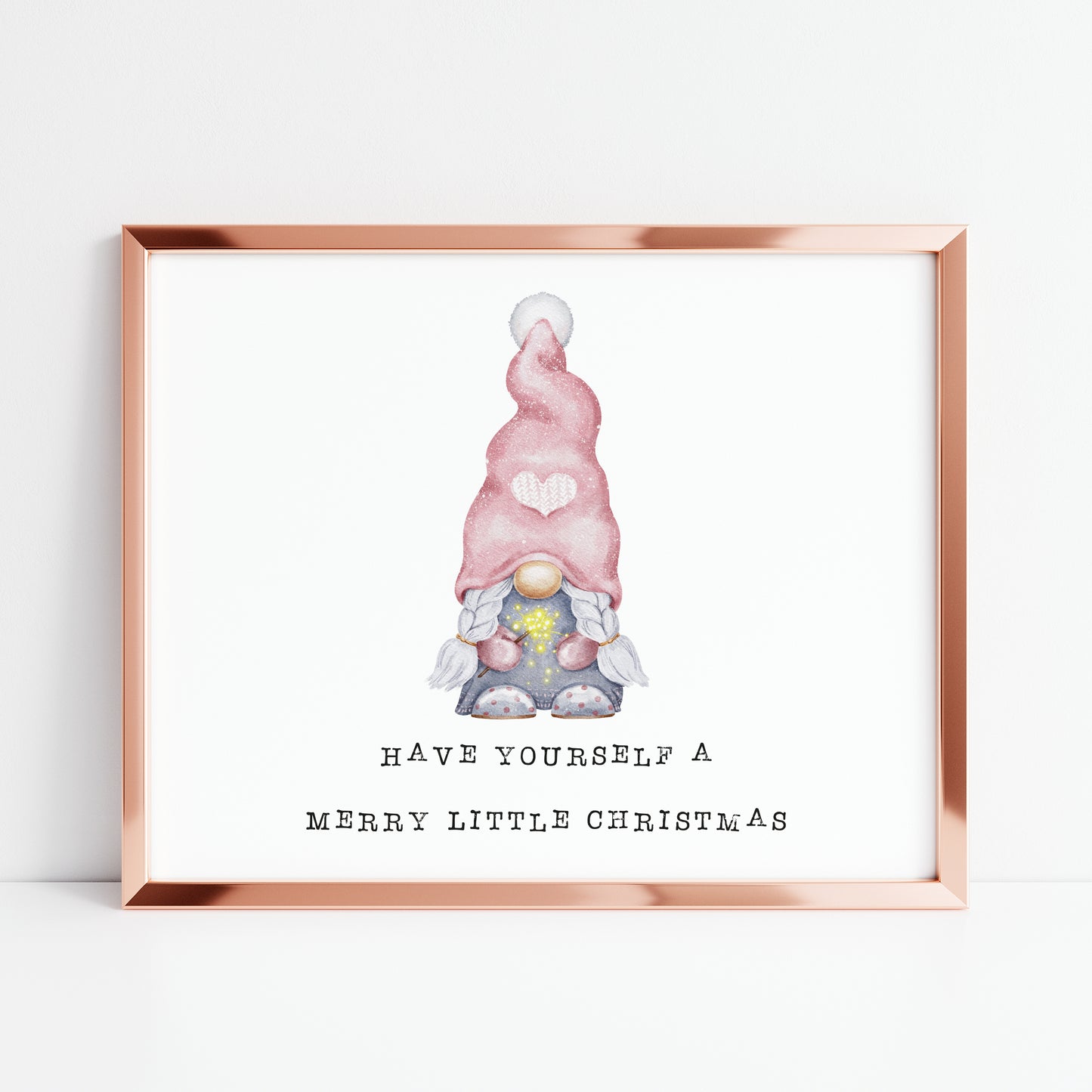 Have yourself a merry little Christmas watercolour gnome, gonk pink seasonal landscape unframed wall art poster print