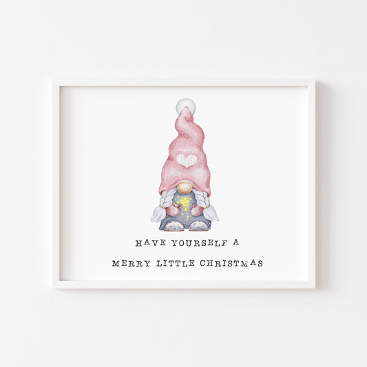 Have yourself a merry little Christmas watercolour gnome, gonk pink seasonal landscape unframed wall art poster print