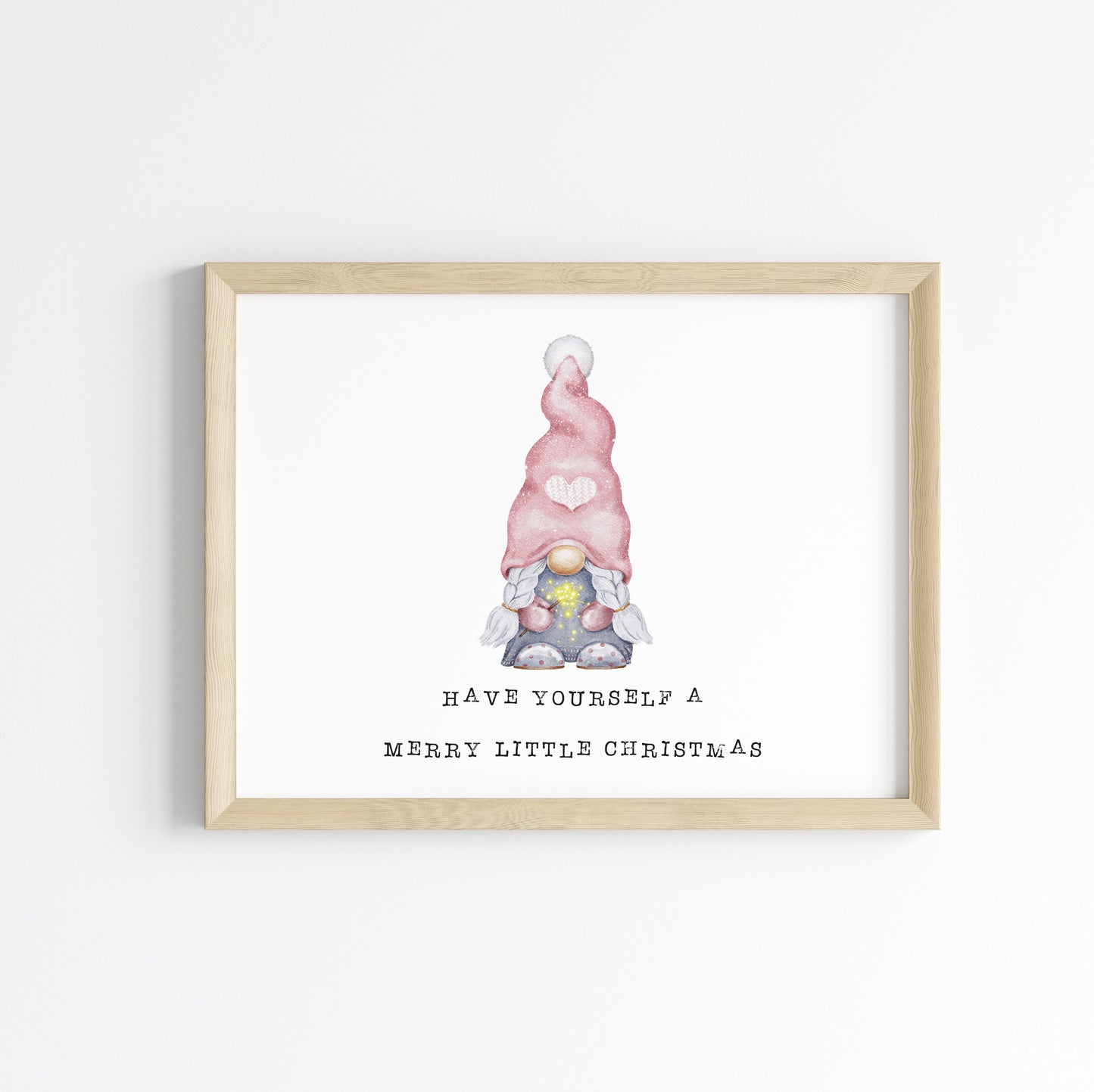 Have yourself a merry little Christmas watercolour gnome, gonk pink seasonal landscape unframed wall art poster print