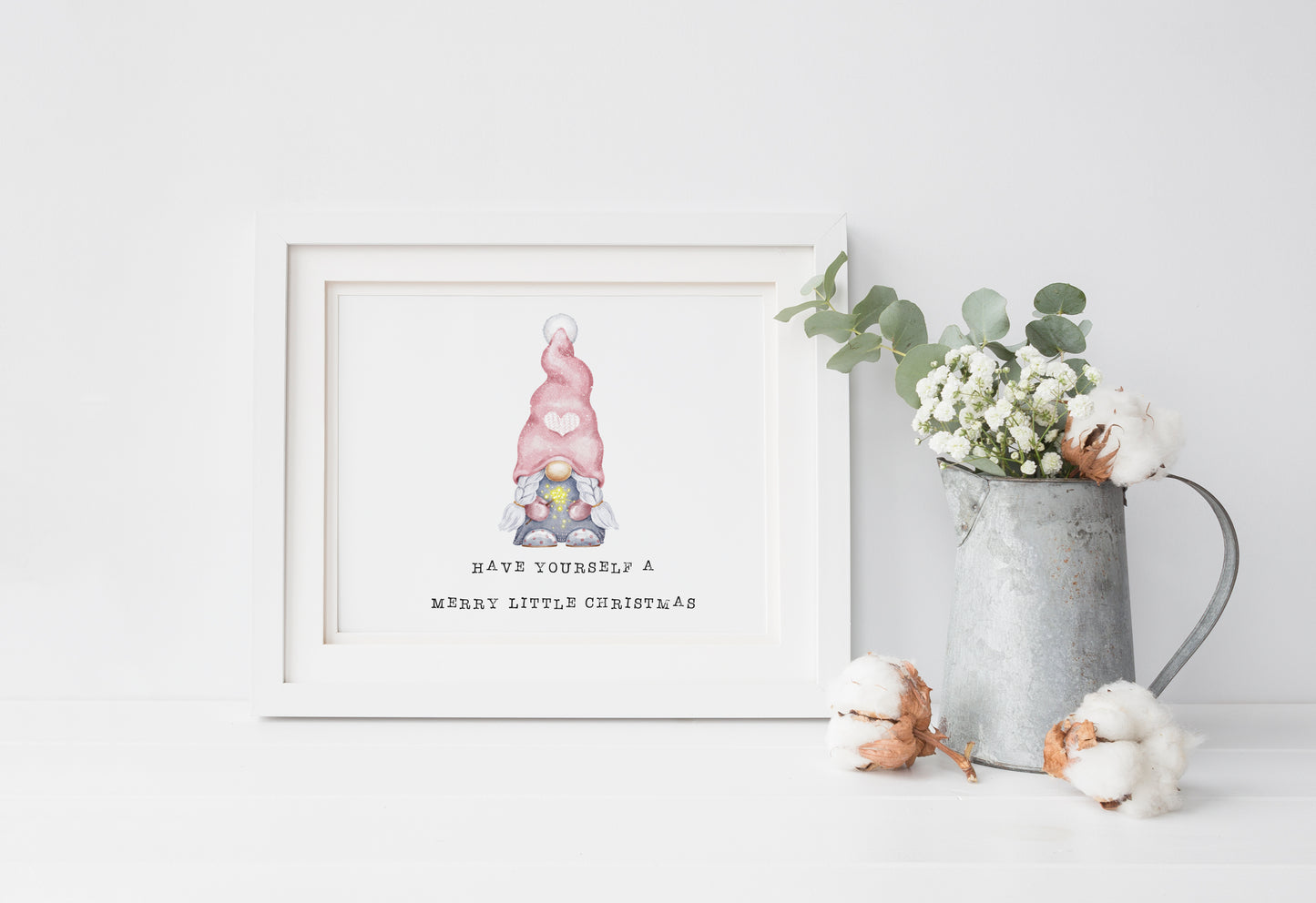 Have yourself a merry little Christmas watercolour gnome, gonk pink seasonal landscape unframed wall art poster print