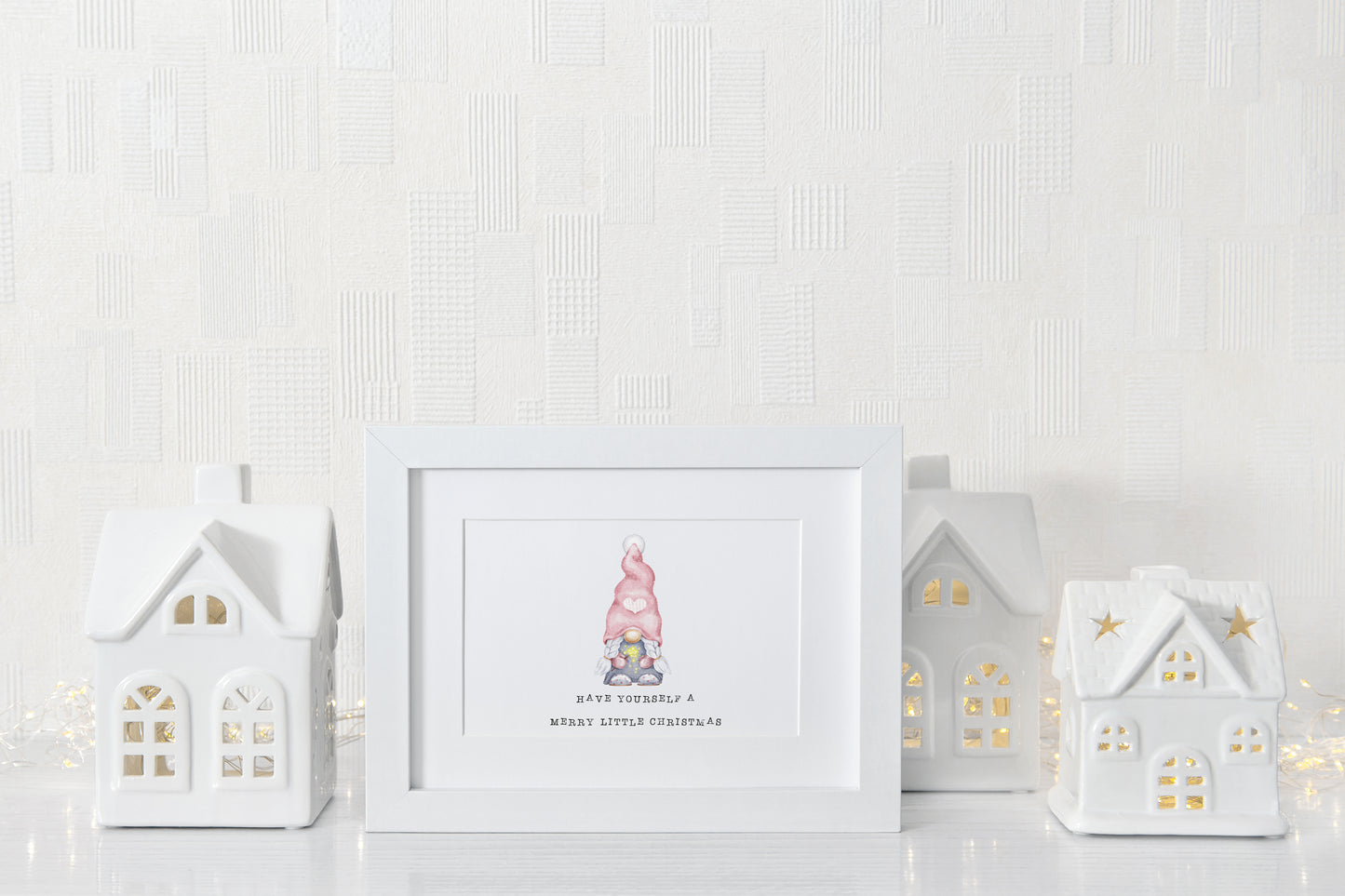 Have yourself a merry little Christmas watercolour gnome, gonk pink seasonal landscape unframed wall art poster print