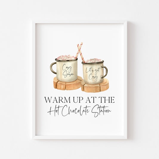 Warm up at the Hot chocolate station cute chocolate watercolour hot drink xmas seasonal unframed wall art poster print