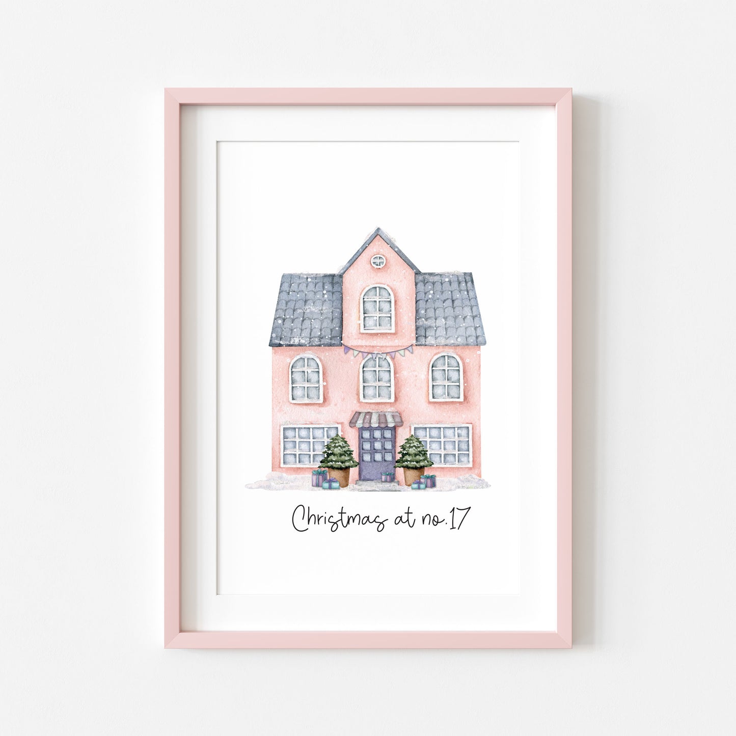 Personalised Christmas House print, pink watercolour Green xmas trees (Unframed)