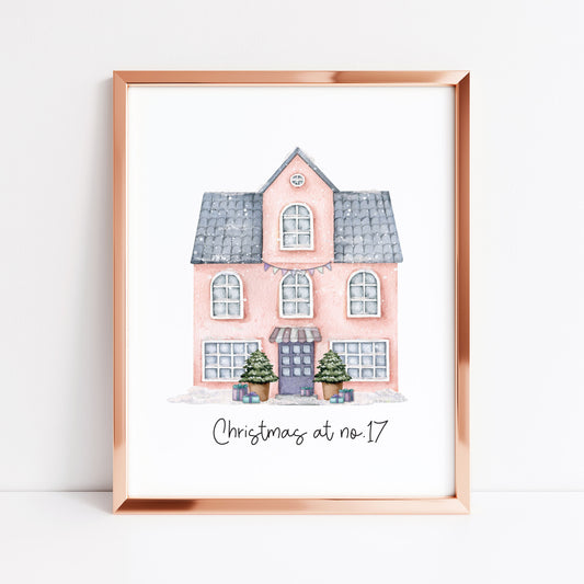 Personalised Christmas House print, pink watercolour Green xmas trees (Unframed)