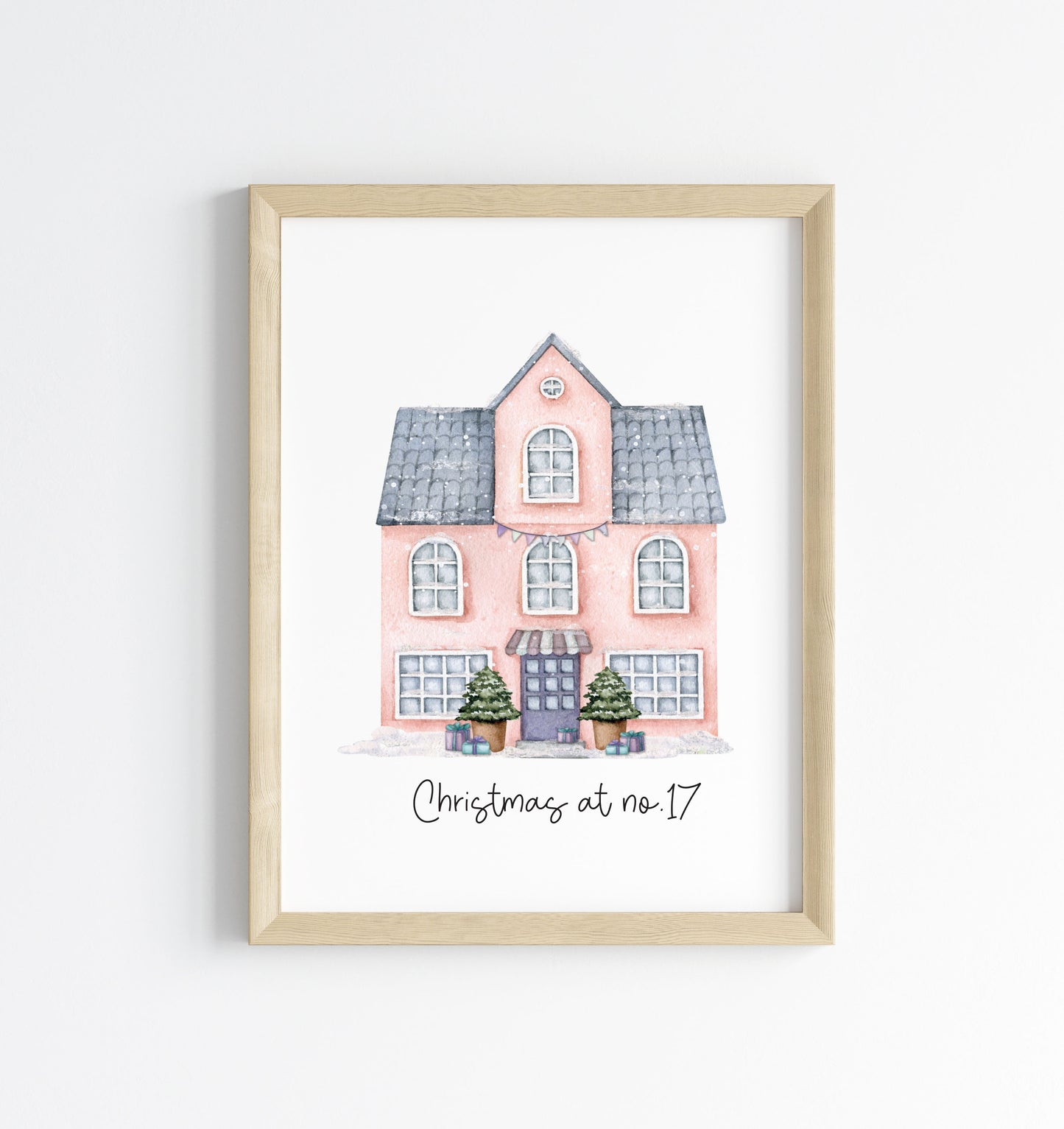 Personalised Christmas House print, pink watercolour Green xmas trees (Unframed)