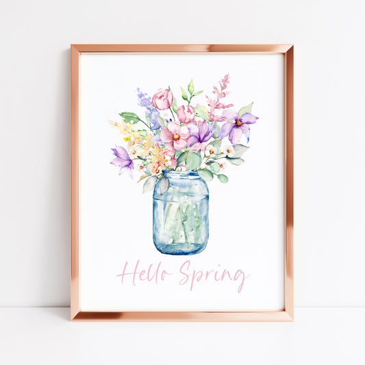 Hello Spring wildflower green, pink, purple watercolour jar of flowers home bedroom unframed wall art poster print