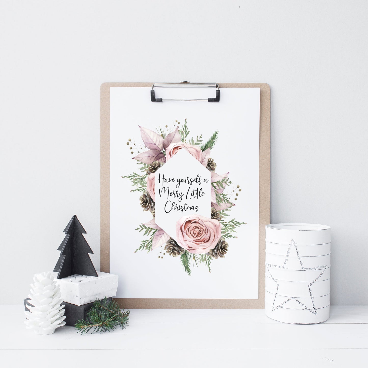 Have yourself a Merry Little Christmas pink rose, and pine cone christmas wreath seasonal unframed wall art poster print